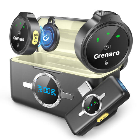 【New In】Grenaro Wireless Mic For YouTuber With Charging Case, Noise Reduction Mode, Reverberation Function, One-button Mute, Dual microphones, Digital Display Function
