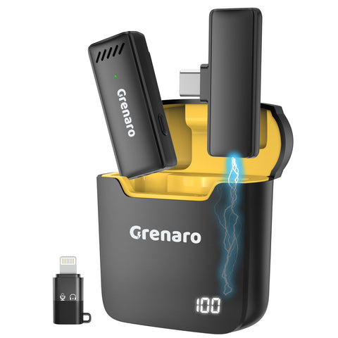 Grenaro Wireless Mic For YouTuber With Charging Case, Noise Reduction Mode, Reverberation Function, One-button Mute, Single Microphone, Digital Display Function