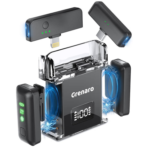 Grenaro Wireless Mic For YouTuber With Charging Case, Noise Reduction Mode, Reverberation Function, One-button Mute, Dual microphones, Digital Display Function