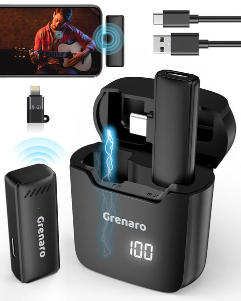 Grenaro Wireless Mic For YouTuber With Charging Case, Noise Reduction Mode, Reverberation Function, One-button Mute, Single Microphone, Digital Display Function