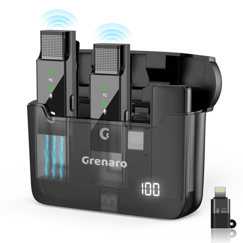Grenaro S13 Wireless Mic For YouTuber With Charging Case, 3-level Noise Reduction, Reverberation Function, One-button Mute, Dual Microphones, Digital Display Function
