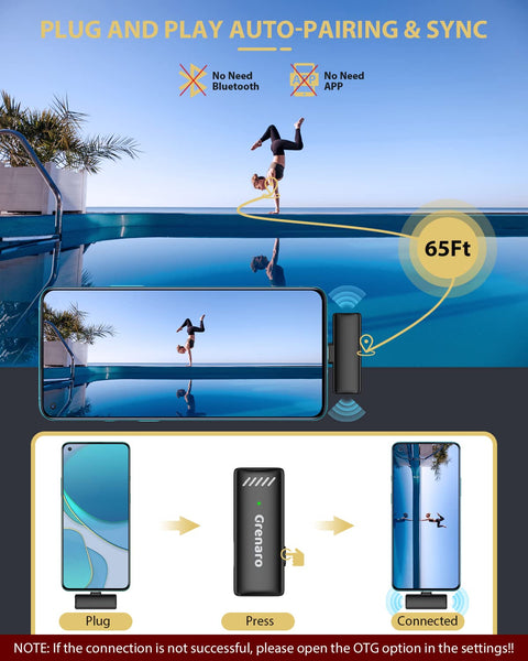 Grenaro Wireless Mic For YouTuber With Charging Case, Noise Reduction Mode, Reverberation Function, One-button Mute, Single Microphone, Digital Display Function