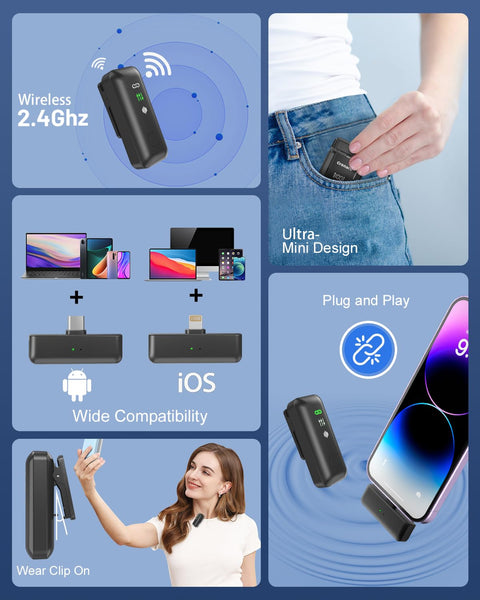 Grenaro Wireless Mic For YouTuber With Charging Case, Noise Reduction Mode, Reverberation Function, One-button Mute, Dual microphones, Digital Display Function