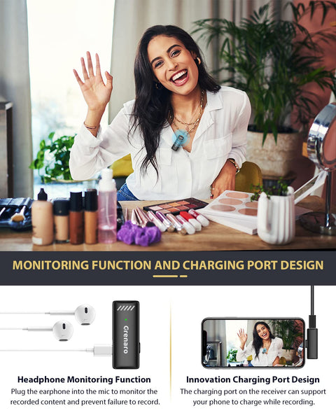 Grenaro Wireless Mic For YouTuber With Charging Case, Noise Reduction Mode, Reverberation Function, One-button Mute, Single Microphone, Digital Display Function