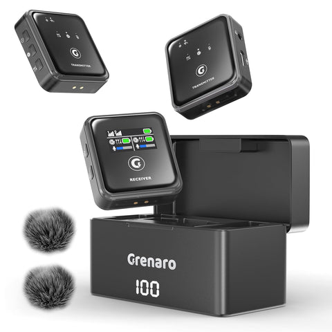 Grenaro P12 Wireless Mic For YouTuber With Charging Case, Noise Reduction Mode, Reverberation Function, One-button Mute, Dual Microphones, Digital Display Function