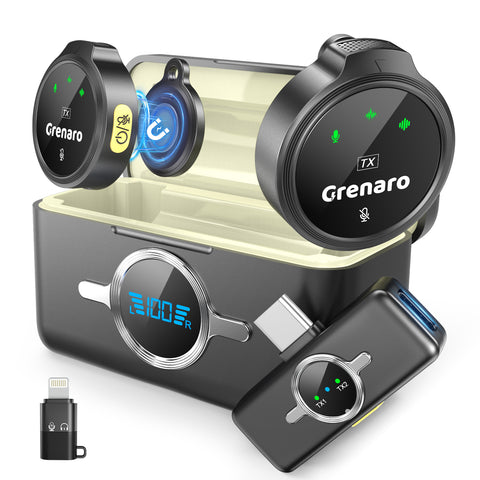 【New In】Grenaro Wireless Mic For YouTuber With Charging Case, Noise Reduction Mode, Reverberation Function, One-button Mute, Dual microphones, Digital Display Function